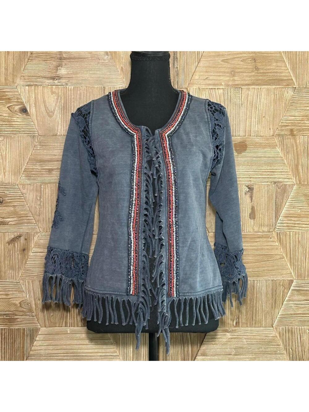 BKE Blue Jacket with Embroidery & Fringe Western Boho Festival Coat Women's M